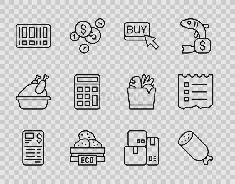 Set linie Hârtie sau control financiar Cârnați salam Cumpără buton Cutie de lemn pentru fructe Cod de bare Calculator Cash registr vector illustration