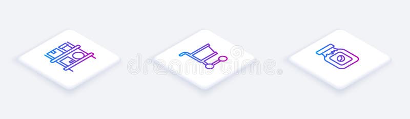 Set Linie izometrică Interiorul depozitului cu cutii Coș de cumpărături și Sticlă de borcan de cafea. Buton pătrat alb. Vector royalty free illustration