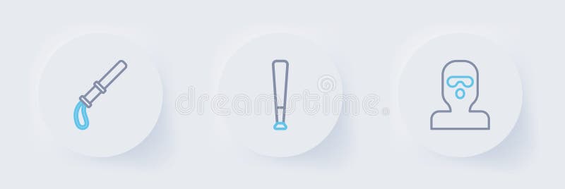 Set linie Mască hoț Bâtă de baseball și bâtă de cauciuc de poliție pictogramă. Vector stock illustration
