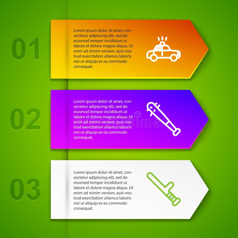 Set linie mașină de poliție și bâtă de baseball flasher cu cuie și baton de cauciuc. șablon informativ firmă. vector stock illustration