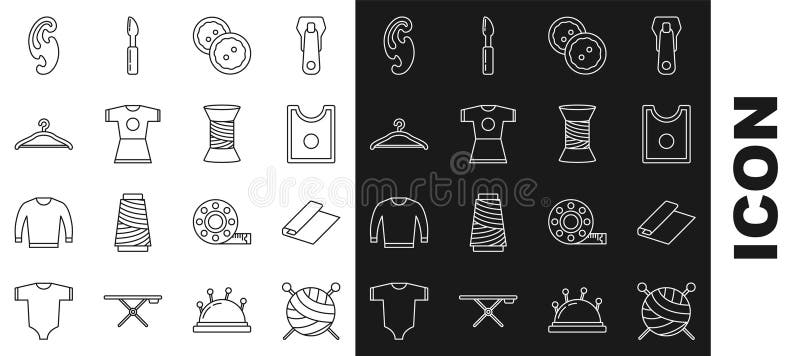 Set linie Minge de fire cu ace de tricotat Textile tesatura roll Buton de cusut model pentru haine Rochie de femeie Hanger royalty free illustration