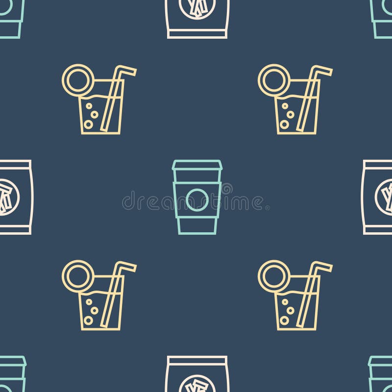 Set linie pâine tare cocteiluri și ceașcă de cafea pentru a merge pe model fără sudură. vector royalty free illustration