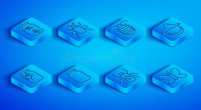 Set linii fireflies bugs într-un borcan beetlarva bug glass beekeeper hat spider and butterfly icon. vector stock illustration