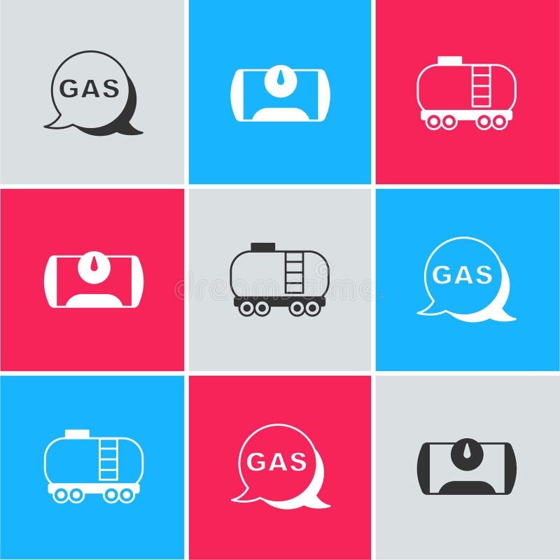 Set Location and gas station, Gas tank for vehicle and Oil railway cistern icon. Vector vector illustration