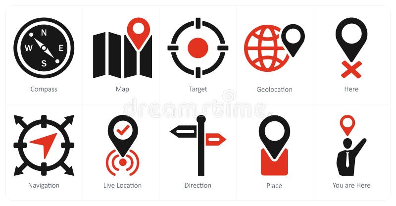 A set of 10 location icons as compass, map, target stock illustration