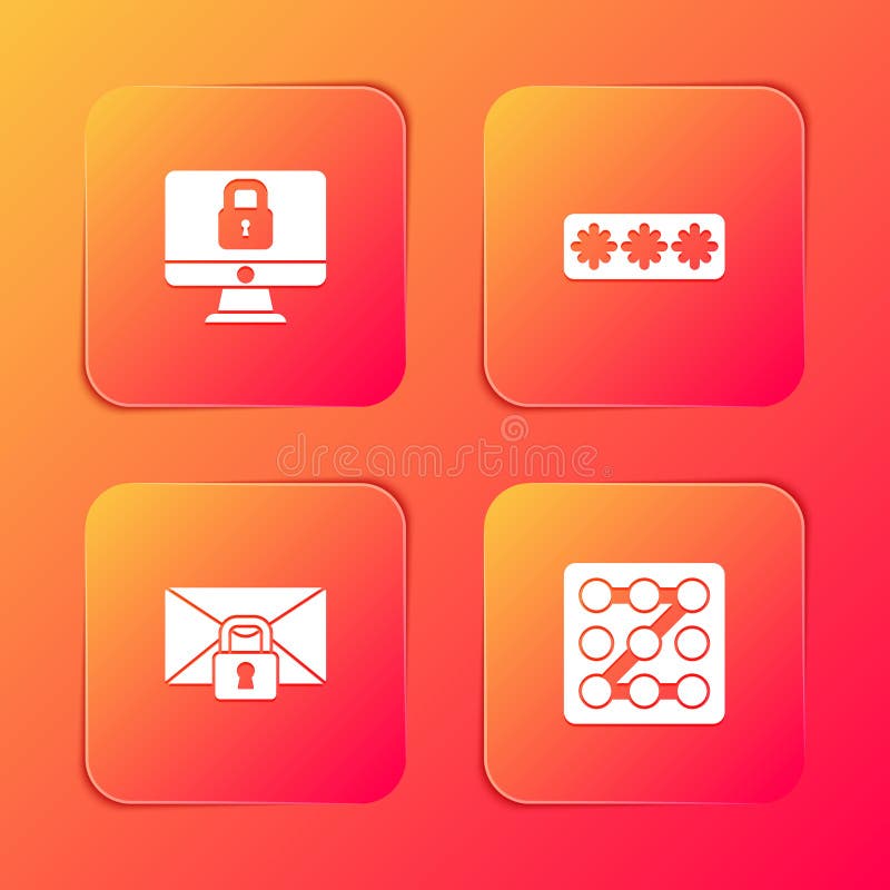 Set Lock on computer monitor, Password protection, Mail message lock password and Graphic icon. Vector vector illustration