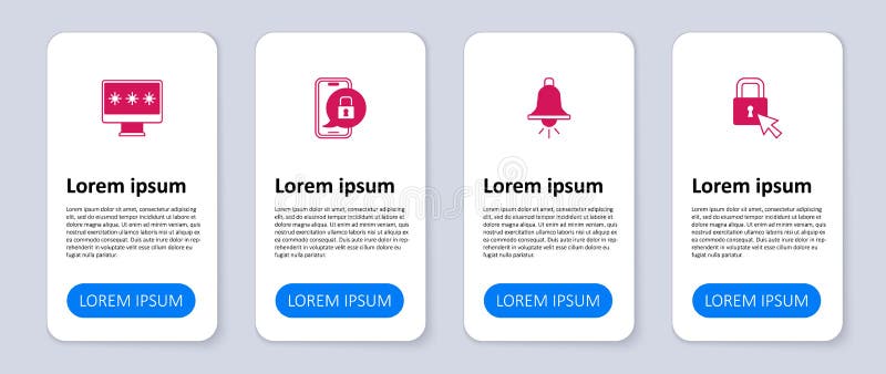 Set Lock, Ringing alarm bell, Mobile with closed padlock and Monitor password. Business infographic template. Vector royalty free illustration