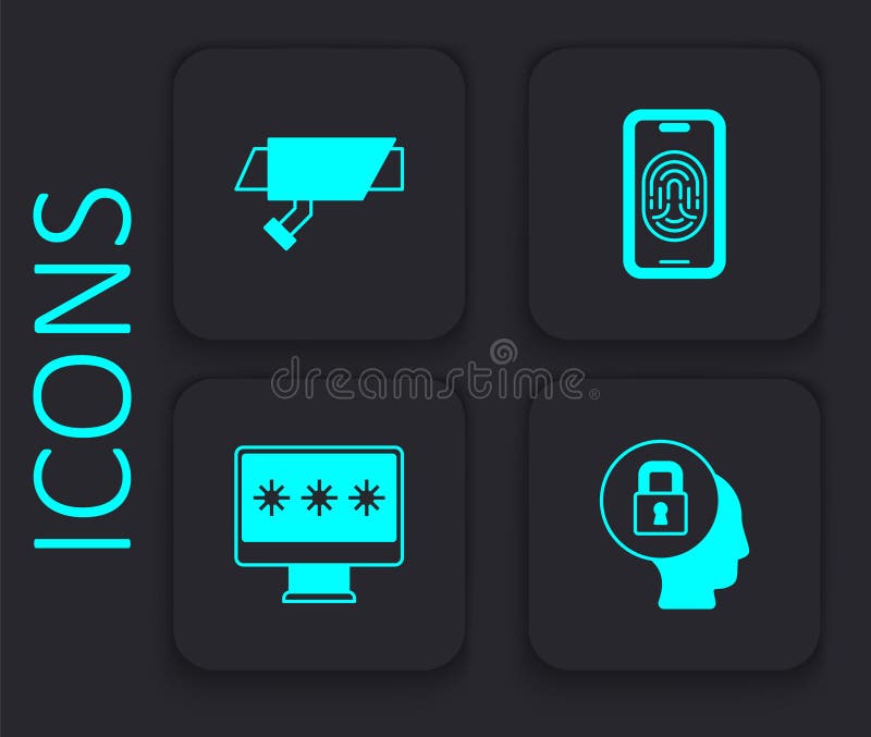 Set Lock, Security camera, Mobile with fingerprint scanner and Monitor password icon. Black square button. Vector royalty free illustration