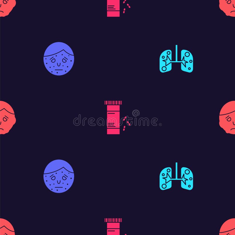 Set Lungs, Face with Psoriasis or Eczema, Medicine Bottle and Pills and