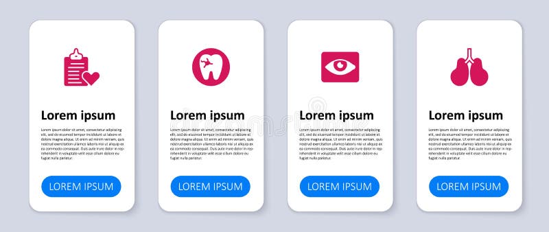 Set Lungs, Red eye effect, Tooth with caries and Patient record. Business infographic template. Vector