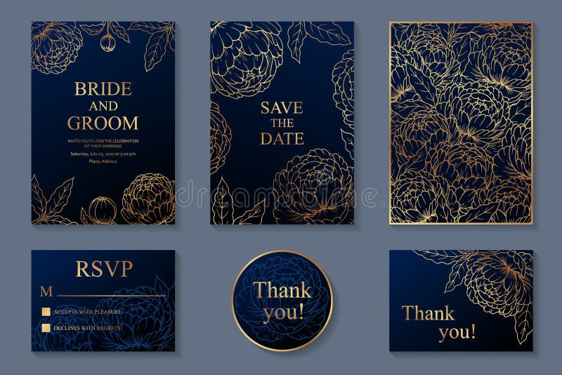 Thiết kế thiệp mời với hoa mẫu đơn vàng trên nền màu xanh navy sẽ mang lại cho bạn một đám cưới trang trọng, tinh tế và đầy ý nghĩa. Với sự kết hợp tuyệt vời này, bạn sẽ thu hút sự chú ý và được khen ngợi bởi sự trau chuốt trong từng chi tiết của thiệp mời.