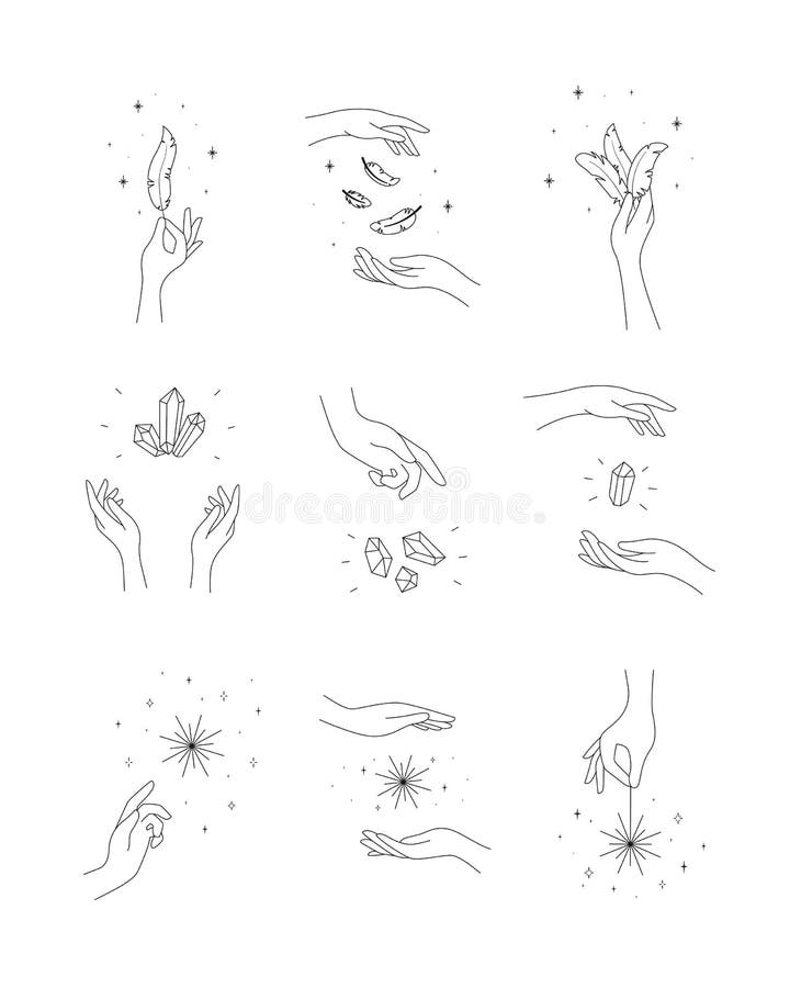 Set of Magic Hands with Crystals, Feathers and Stars. Tarot ...
