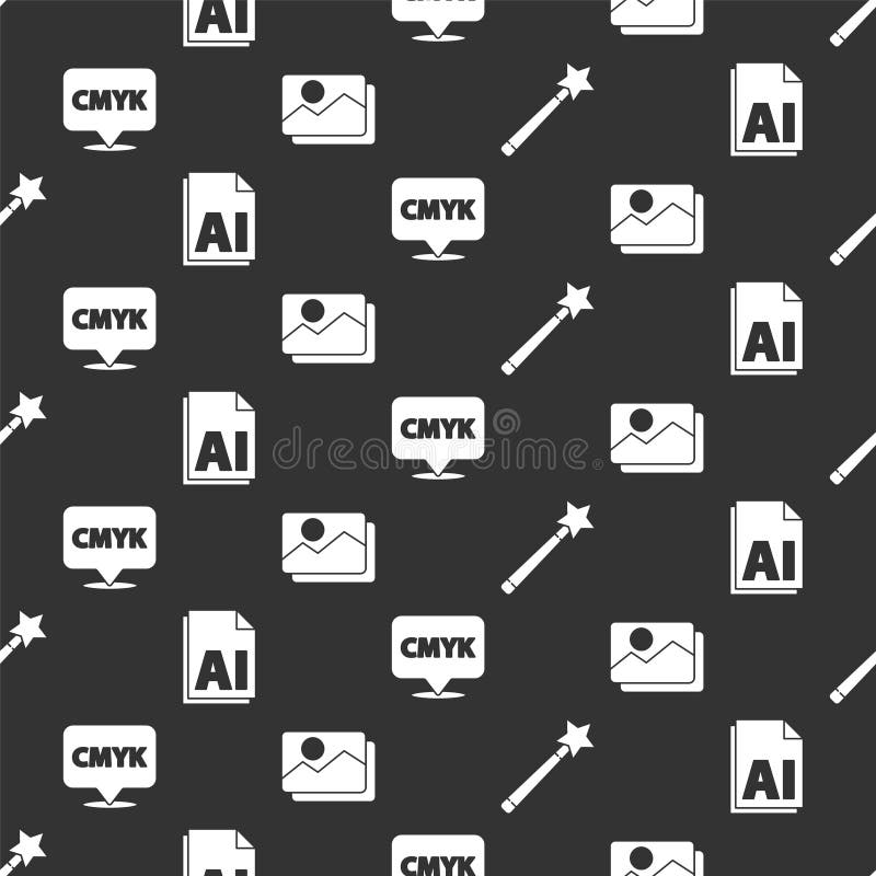 Set Magic wand, AI file document, Speech bubble with text CMYK and Picture landscape on seamless pattern. Vector.