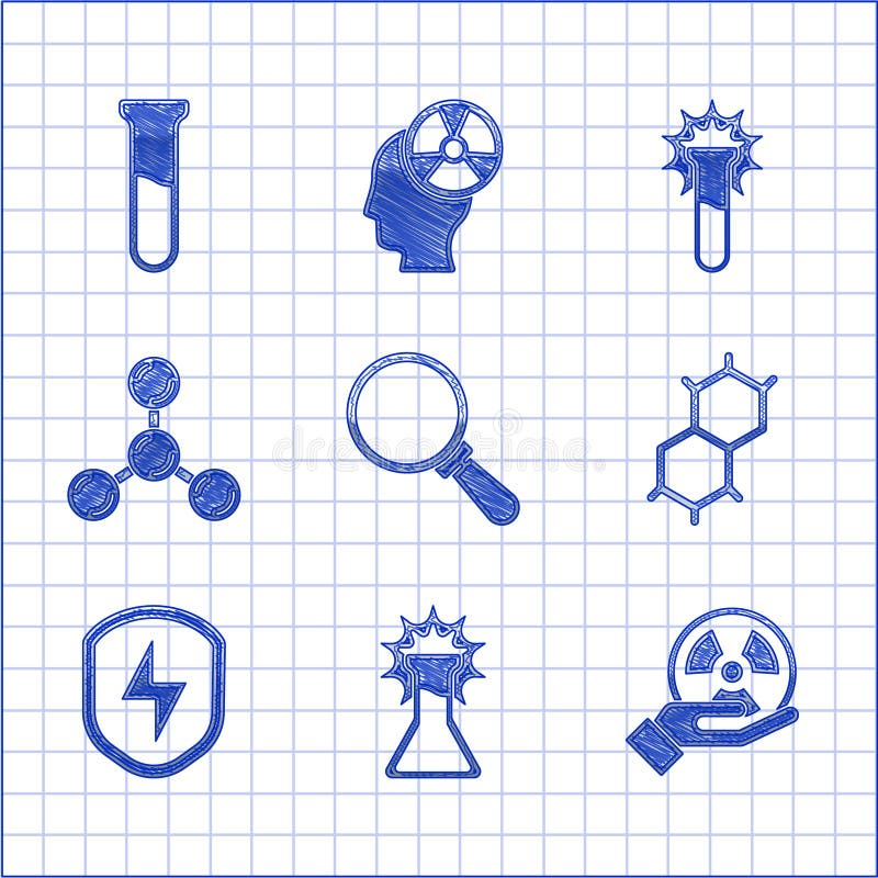 Set Magnifying glass, Test tube and flask, Radioactive, Chemical formula, Secure shield with lightning, Molecule, and stock illustration