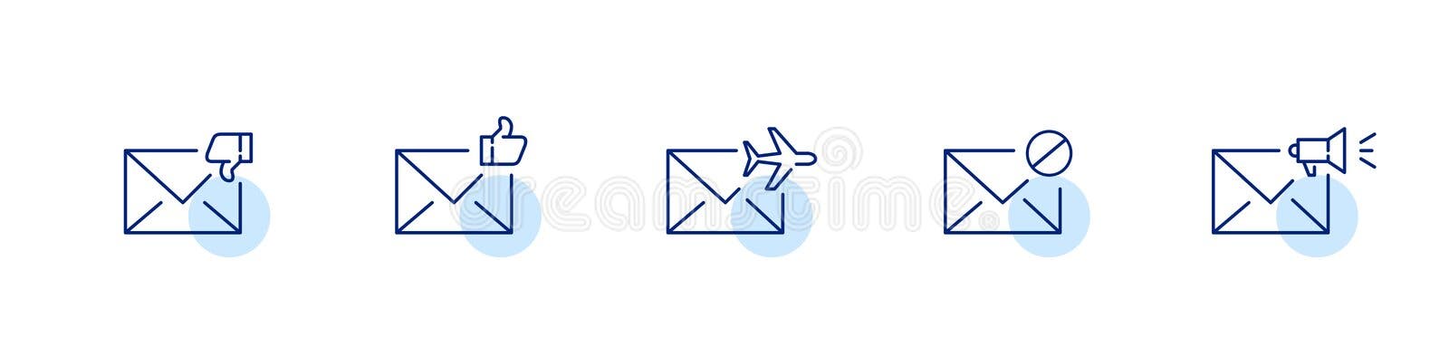 Set of 5 mail icons. Spam, share, like and dislike, international delivery. Pixel perfect, editable stroke vector illustration Set of 5 mail icons. Spam, share, like and dislike, international delivery. Pixel perfect, editable stroke vector illustration