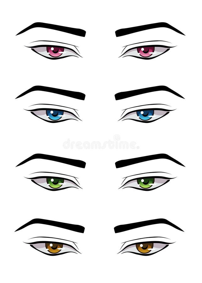 Set of male anime style eyes of different colors, isolated on white