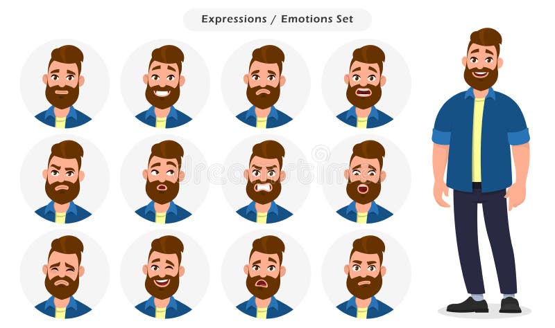 Set of male facial different expressions. Man emoji character with different emotions. Emotions and body language concept illustration in cartoon style.