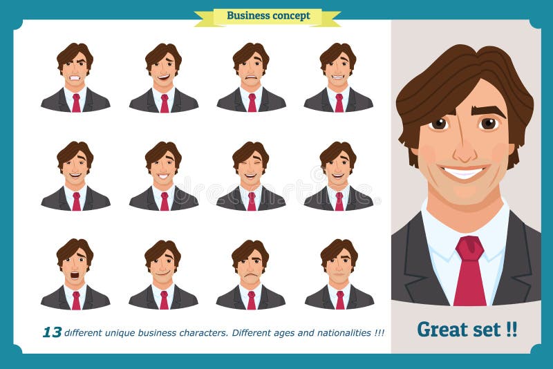 Set of male facial emotions. Young business man character with different expressions.Vector flat illustration in cartoon style. royalty free illustration Set of male facial emotions. Young business man character with different expressions.Vector flat illustration in cartoon style. royalty free illustration