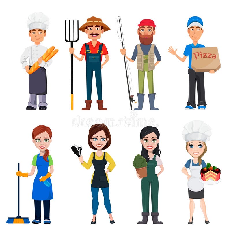 Set of Male and Female Cartoon Characters with Various Occupations Stock Vector - Illustration of cartoon, fishing: 119818379 Set of Male and Female Cartoon Characters with Various Occupations Stock Vector - Illustration of cartoon, fishing: 119818379