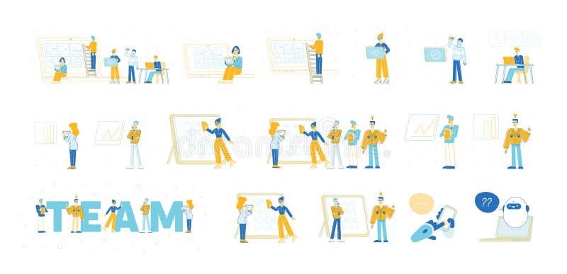 Set of Male and Female Characters Team Work. Programmer Developing Software, Business People Using Digital Archive royalty free illustration