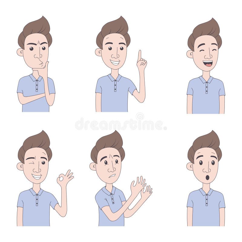 Set of man with various emotions. Young male character with different expressions. Hand drawn illustration in cartoon style. Vector