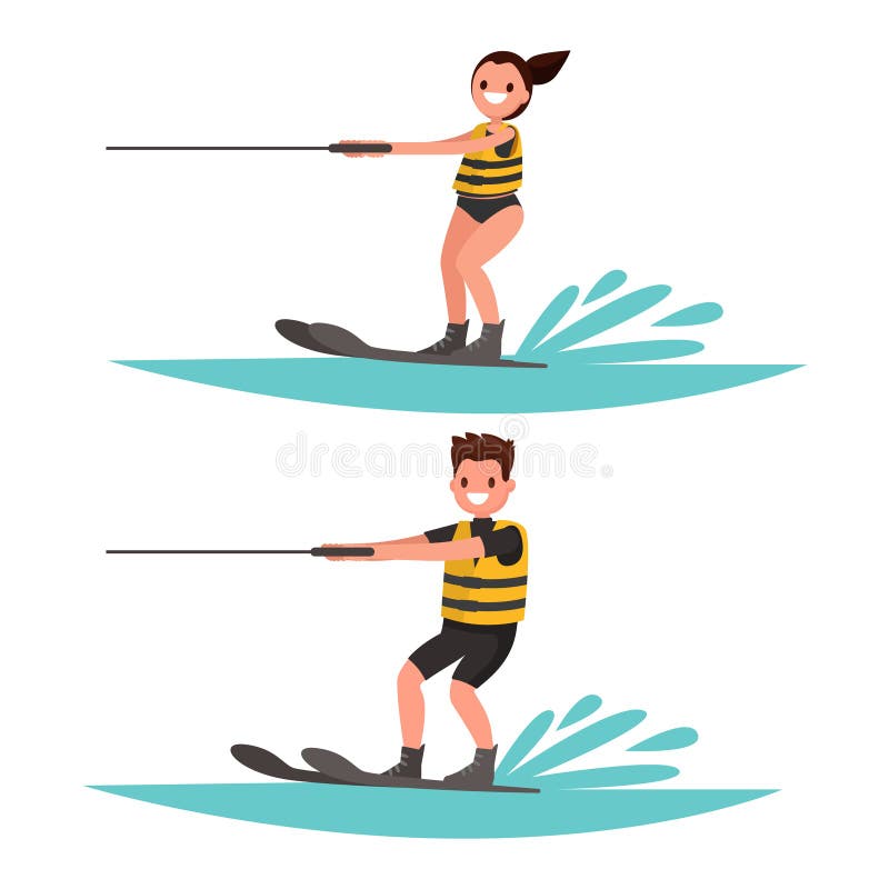 Set Man and Woman Waterski. Vector Illustration Stock Illustration