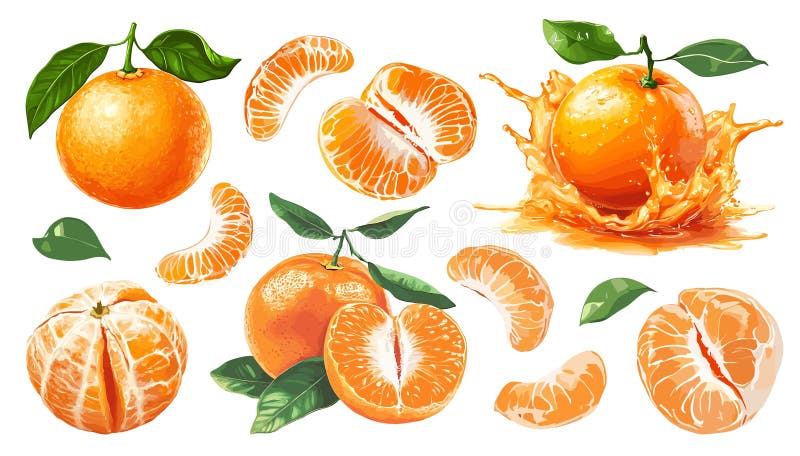 Set mandarină. felii întregi decojite, despicate, proaspete, clementine. stropire suculentă. fructe de citrice dulci, de culoare p royalty free illustration