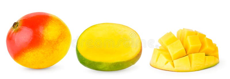 Set of mangoes, half mangoes and mango cubes close-up. stock photos Set of mangoes, half mangoes and mango cubes close-up. stock photos