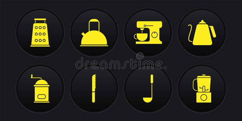 Set Manual coffee grinder, Kettle with handle, Bread knife, Kitchen ladle, Electric mixer, Blender and Grater icon stock illustration