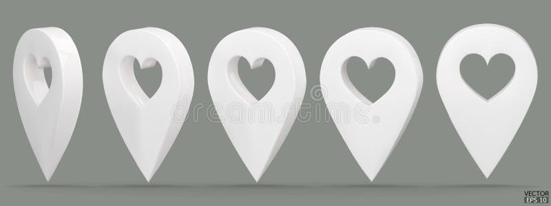 Set of map pointer on heart shape isolated on gray background. White location pin or navigation. 3D Locator mark of map pointer stock illustration