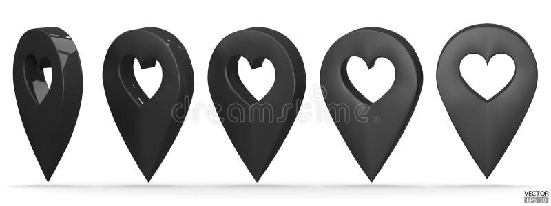 Set of map pointer on heart shape isolated on white background. Black location pin or navigation. 3D Locator mark of map pointer vector illustration