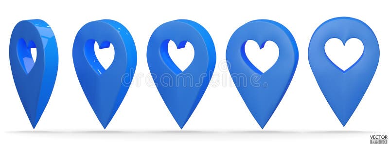 Set of map pointer on heart shape isolated on white background. Blue location pin or navigation. 3D Locator mark of map pointer stock illustration