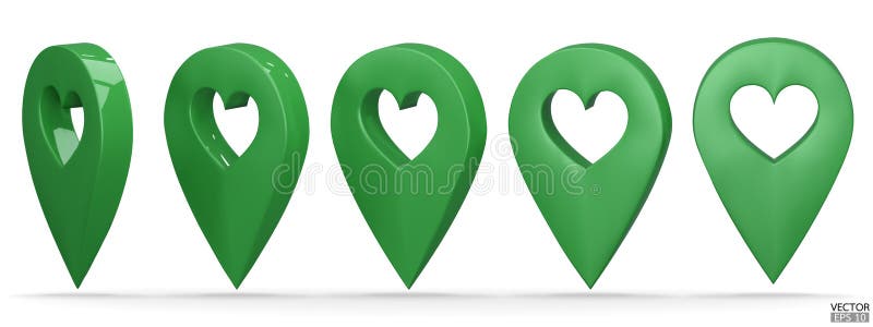 Set of map pointer on heart shape isolated on white background. Green location pin or navigation. 3D Locator mark of map pointer royalty free illustration