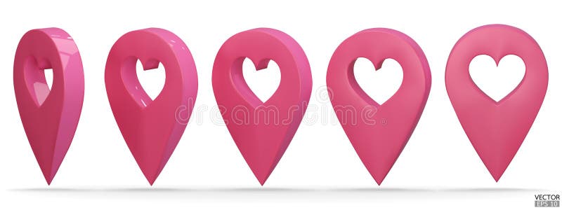 Set of map pointer on heart shape isolated on white background. Pink location pin or navigation. 3D Locator mark of map pointer stock illustration