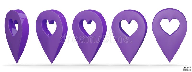 Set of map pointer on heart shape isolated on white background. Purple location pin or navigation. 3D Locator mark of map pointer stock illustration