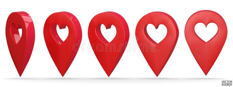 Set of map pointer on heart shape isolated on white background. Red location pin or navigation. 3D Locator mark of map pointer stock illustration