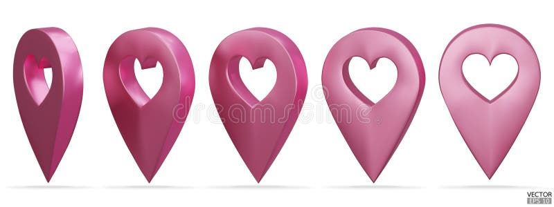 Set of map pointer on heart shape isolated on white background. Rose gold location pin or navigation. 3D Locator mark of map royalty free illustration