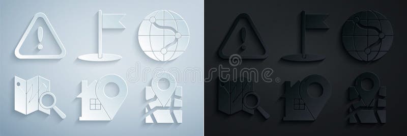 Set Map pointer with house, Location on the globe, Folded map location marker, Flag and Exclamation triangle icon royalty free illustration