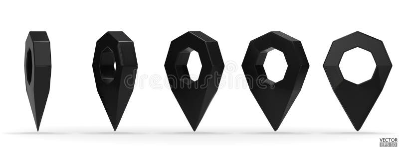 Set of map pointer isolated on white background. Black location pin or navigation. 3D Locator mark of map pointer, symbol stock illustration