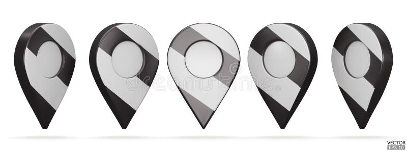 Set of map pointer isolated on white background. Black, white pattern location pin or navigation. 3D Locator mark of map pointer vector illustration