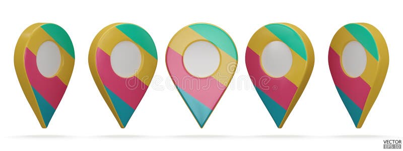 Set of map pointer isolated on white background. 4 color pattern location pin or navigation. 3D Locator mark of map pointer stock illustration