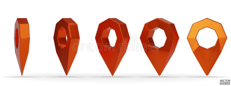 Set of map pointer isolated on white background. Metallic orange location pin or navigation. 3D Locator mark of map pointer vector illustration