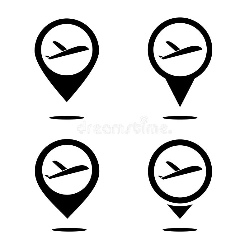 Set of map pointer with plane icon. Departure point. Airplane pin location. stock illustration