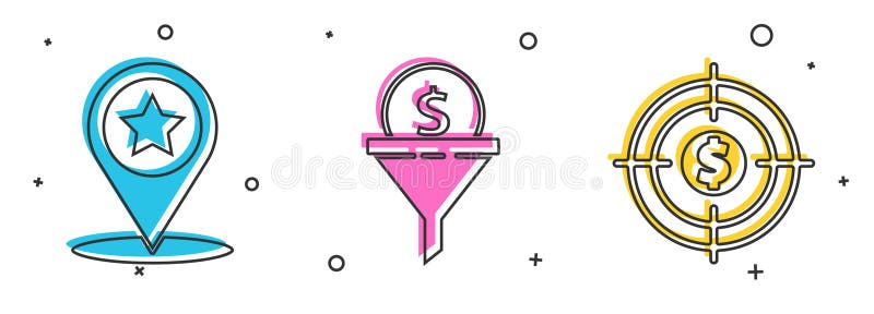 Set Map pointer with star, Lead management and Target with dollar icon. Vector.