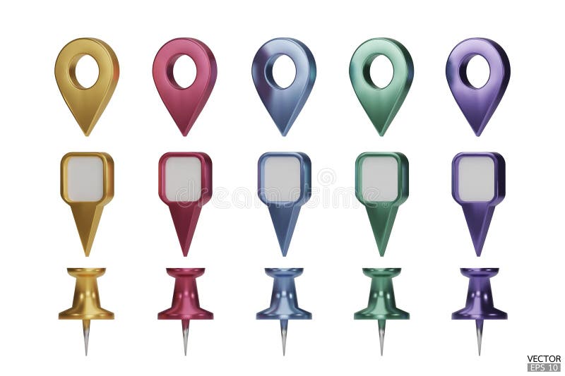 Set of map pointers in metallic colors isolated on white backgrounds. Location pin or navigation front view. 3D Locator mark of vector illustration