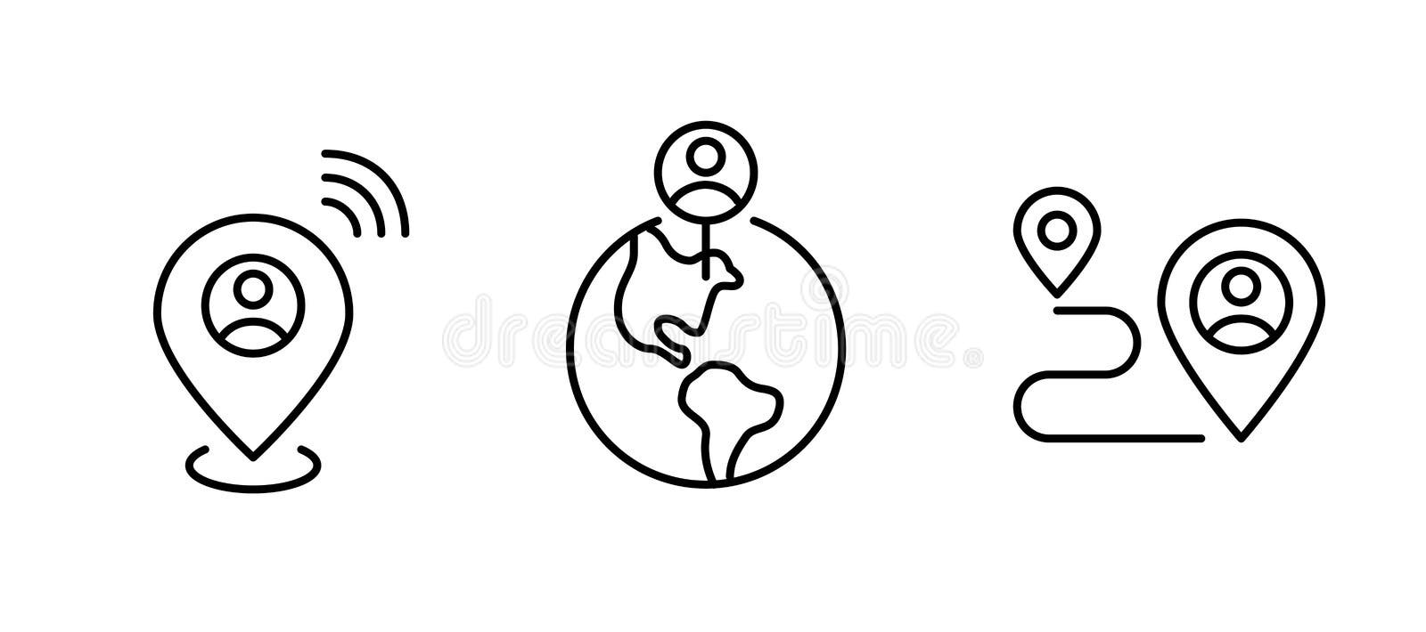 Set of map pointers showing personal device location. Pin on Earth globe and path tracking. Pixel perfect line icons vector illustration Set of map pointers showing personal device location. Pin on Earth globe and path tracking. Pixel perfect line icons vector illustration