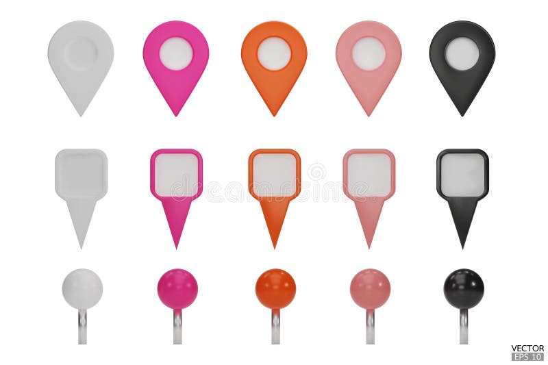 Set of map pointers in various colors isolated on white backgrounds. Location pin or navigation front view. 3D Locator mark of stock illustration