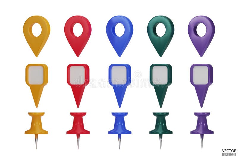 Set of map pointers in various colors isolated on white backgrounds. Location pin or navigation front view. 3D Locator mark of stock illustration