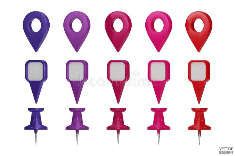 Set of map pointers in various colors isolated on white backgrounds. Location pin or navigation front view. 3D Locator mark of stock illustration
