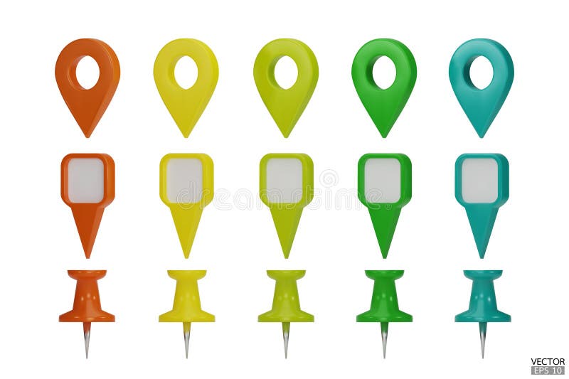 Set of map pointers in various colors isolated on white backgrounds. Location pin or navigation front view. 3D Locator mark of vector illustration
